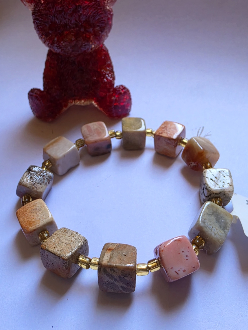 Coral JASPER Cube Stone Stretch Bracelet - Women Jewelry